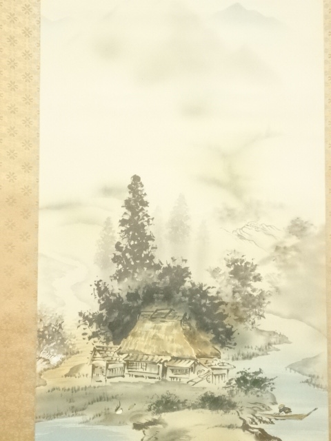 長尾梅友筆 四神相応山水図 肉筆絹本掛軸（共箱）：リサイクル